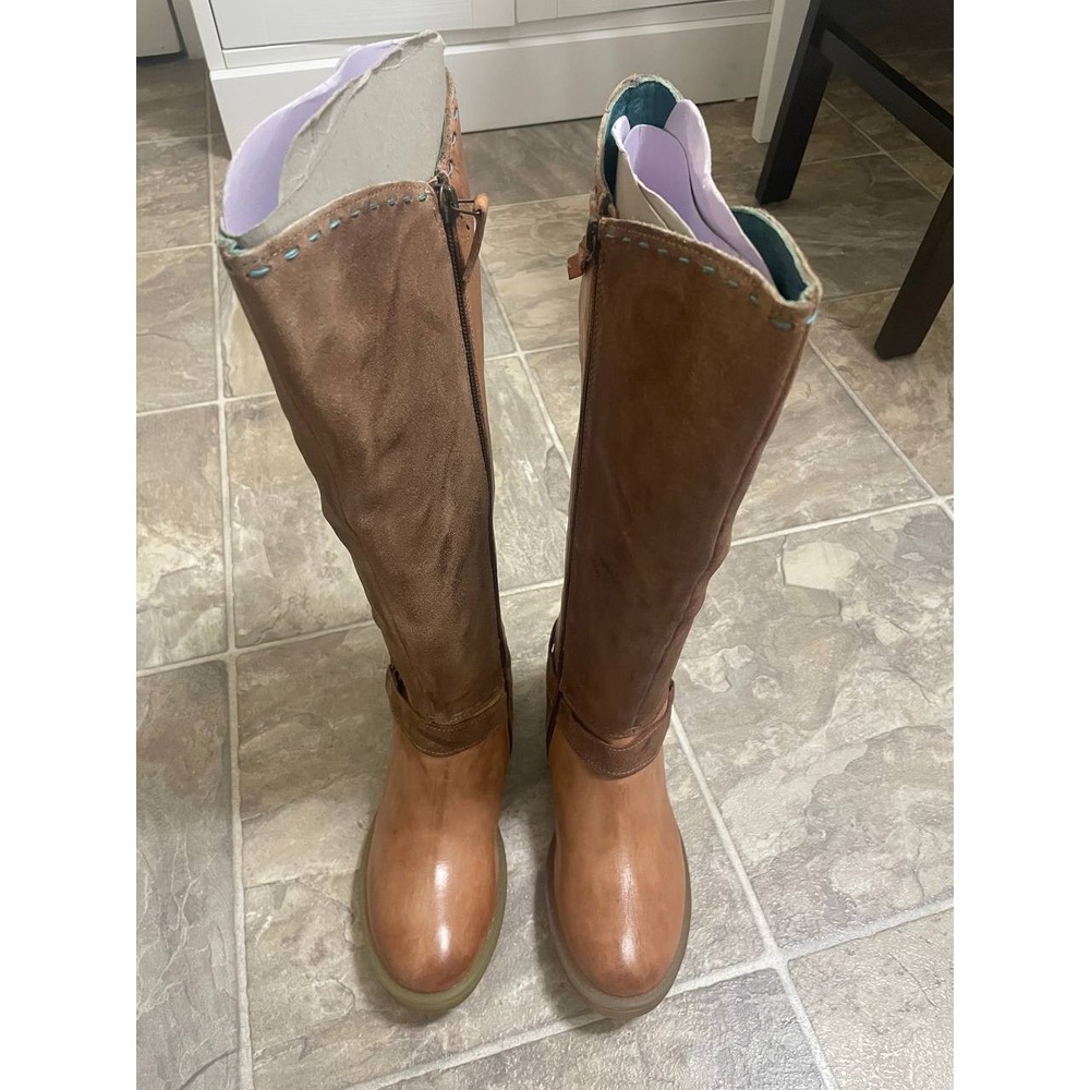 Roan Bed Stu Karolus Riding Boots Womens 6.5 Pecan Leather Harness Moto Side Zip - Picture 3 of 13